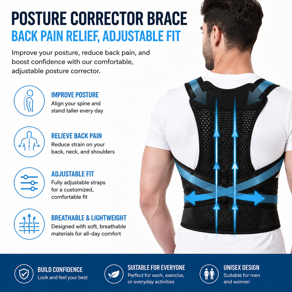 Posture Corrector Brace — Back Pain Relief, Adjustable Fit