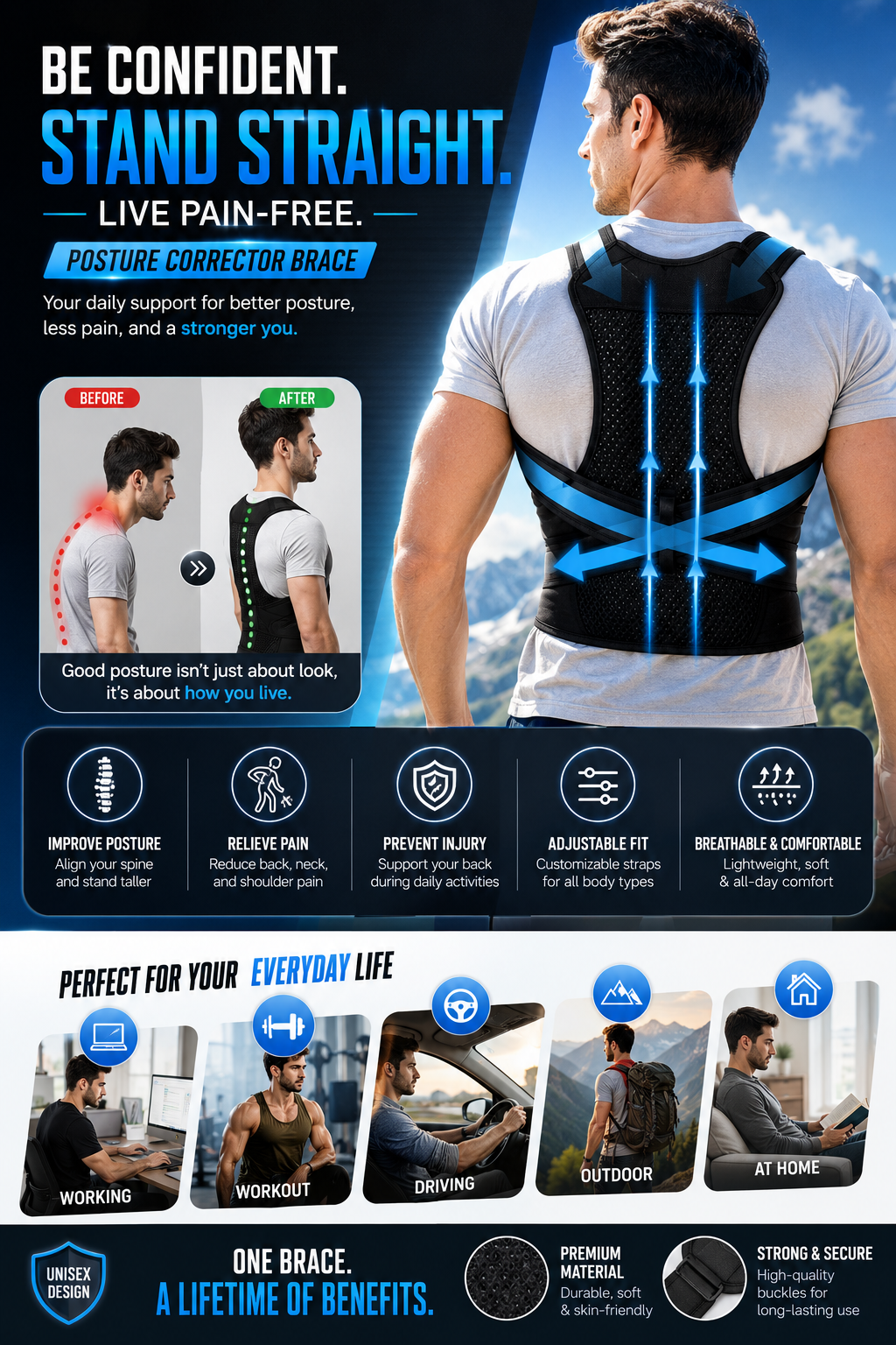 Posture Corrector Brace — Back Pain Relief, Adjustable Fit