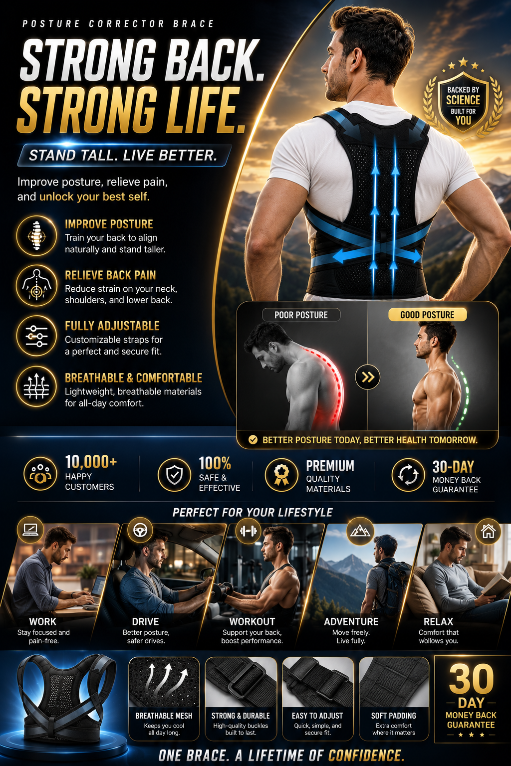 Posture Corrector Brace — Back Pain Relief, Adjustable Fit