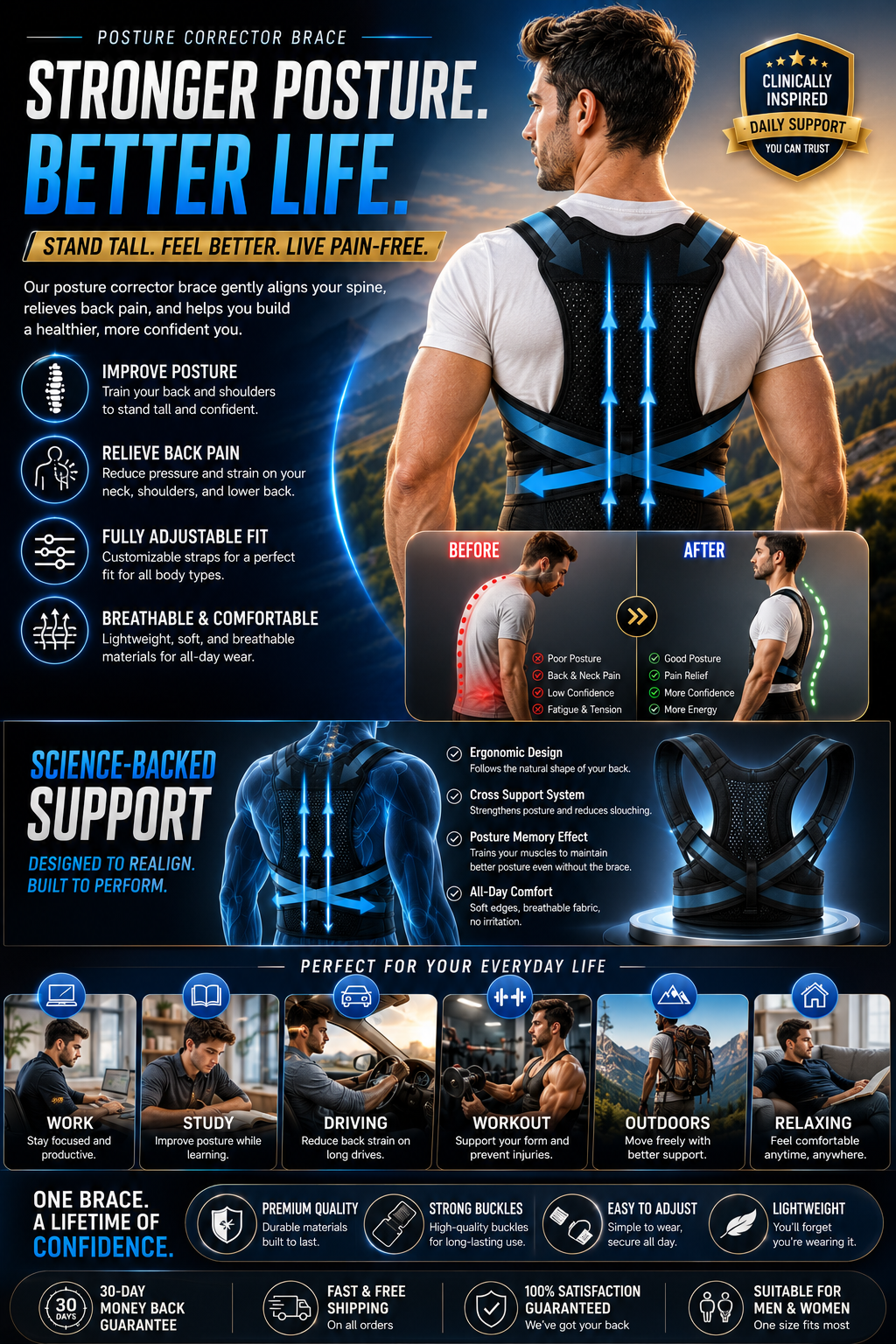 Posture Corrector Brace — Back Pain Relief, Adjustable Fit
